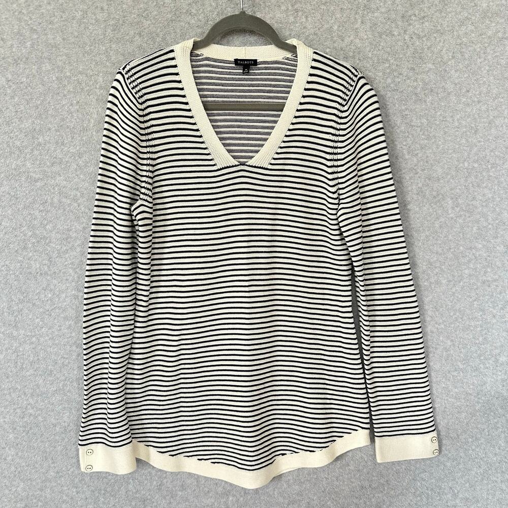 Talbots Sweater Size M Navy Cream Stripe Nautical Knit Tunic Classic Old Money